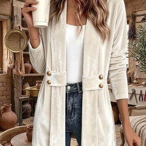 May include: A cream-colored velvet blazer featuring long sleeves, an open front design, and two horizontal tabs at the waist, each accented with two gold-toned buttons. The garment is worn over a plain white top and dark blue denim jeans.