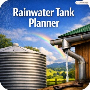 Puede incluir: Un gráfico digital titulado Rainwater Tank Planner que muestra un gran tanque de agua de metal corrugado y un sistema de canalones de metal unido a una estructura de madera con agua fluyendo hacia una tubería, sobre un paisaje con un arcoíris.