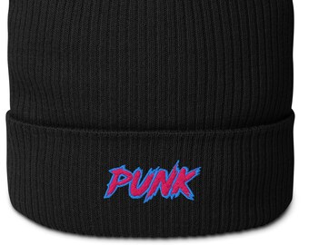 Punk Embroidered Beanie: Pink, Blue. Choose from 6 base colors.