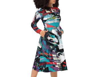 Cyberpunk graffiti long sleeve midi dress with pockets