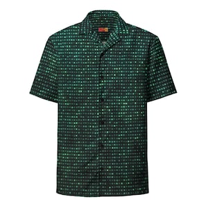 May include: A green short-sleeved button-down shirt with a pixelated pattern.