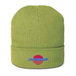 Classic ribbed beanie. Synthwave in retro front in bright blue with hot pink shadow over a sunset in hot pink.
6 colours available.
Oxford Navy
Black
Light Avio Blue
Light Grey
Leaf Green
Mustard Yellow.
Leaf green shown.