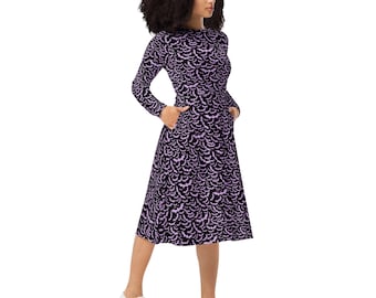 Bats dress: Long sleeve. Midi length. Black, Lilac.