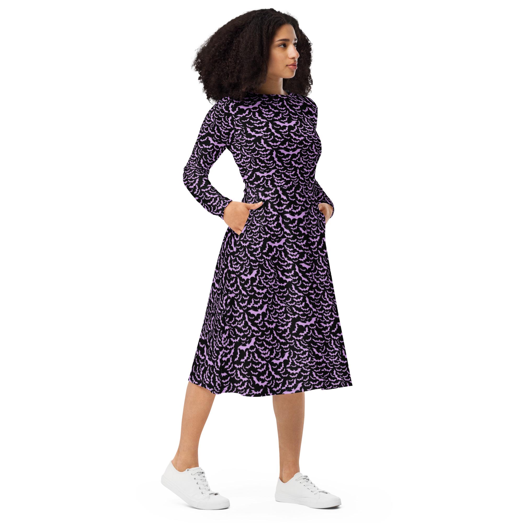 Robe Halloween Femme Manches Longues - Motif Citrouille, Chauve-souris - Coupe Swing Décontractée