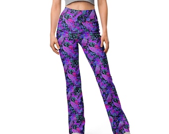 Psychedelic Flare Leggings: Paisley Floral Motif, Black, Purple, Pink, Blue, Green.
