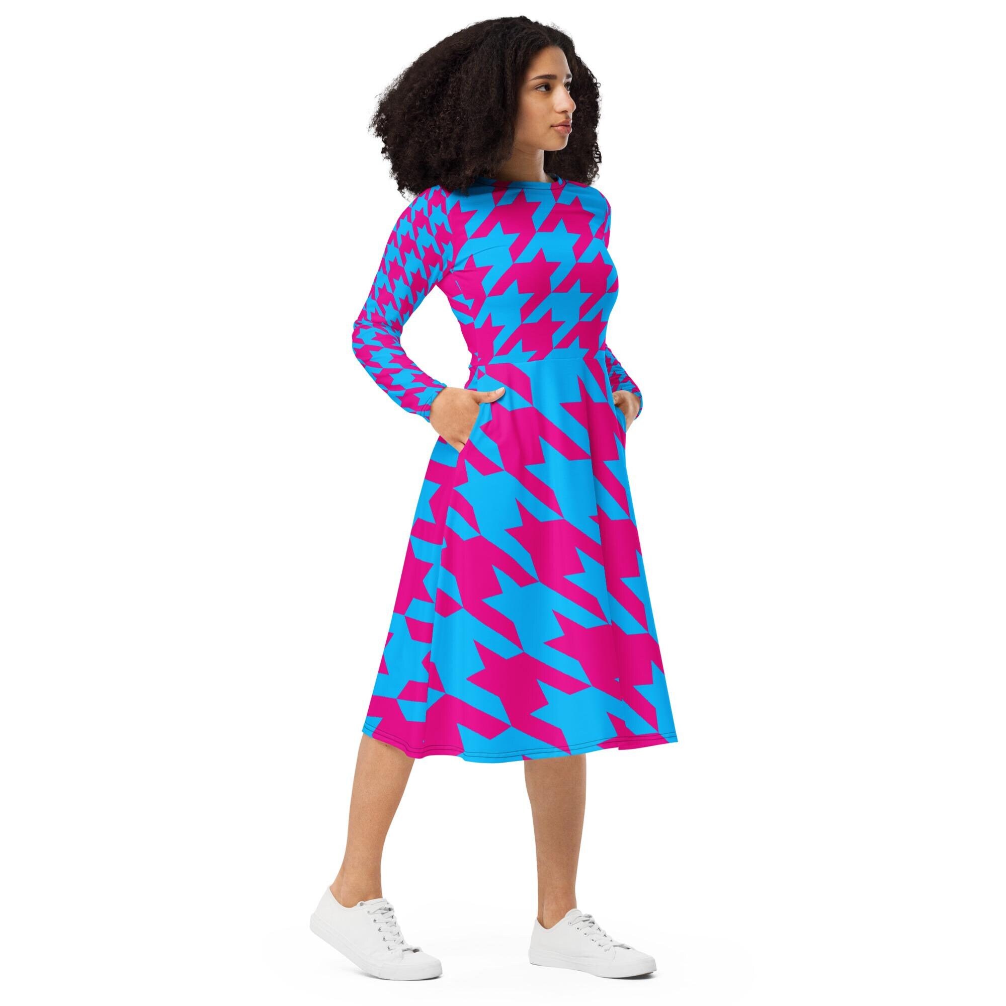 long sleeve houndstooth dress Maxi 3X / Black/Teal or any occasion you want look like a perfect lady Houndstooth Detail Long Sleeve Dress