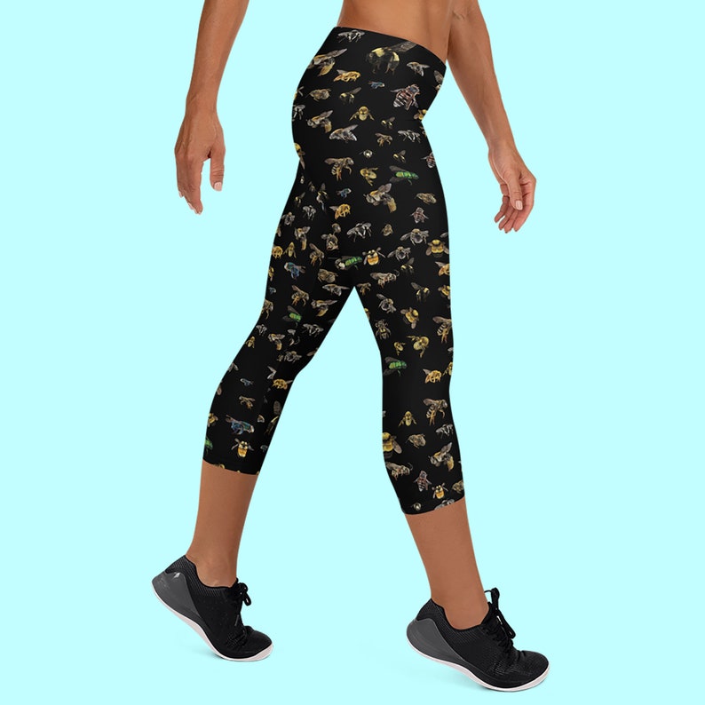 Bees Capri Leggings Bee leggings Comfy Vibrant nature print Everyday leggings Soft feel Save the bees. Bee print fashion leggings