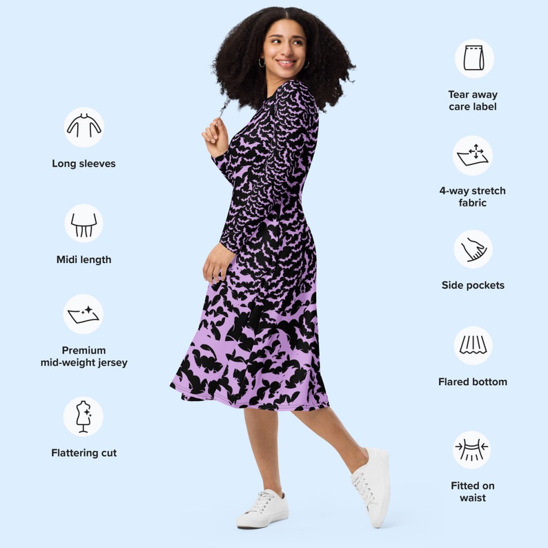 Description of features:
Long sleeves, midi length, premium mid-weight jersey, flattering cut, tear away label, 4way stretch fabric, side pockets, flared skirt, fitted on waist.