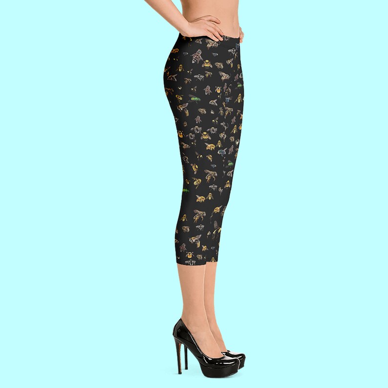 Bees Capri Leggings Bee leggings Comfy Vibrant nature print Everyday leggings Soft feel Save the bees. Bee print fashion leggings