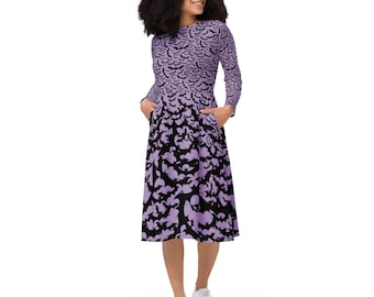 Bats dress: Lilac, Black. Long Sleeve. Midi Length. Full skirt.
