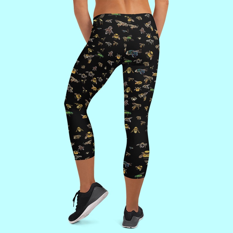 Bees Capri Leggings Bee leggings Comfy Vibrant nature print Everyday leggings Soft feel Save the bees. Bee print fashion leggings