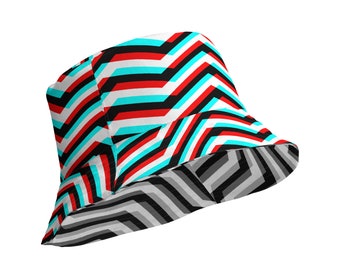 Reversible Glitch Chevron Bucket Hat, Black White with Red Blue and Greyscale