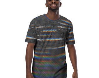 Glitch T-shirt: Hexagons, Stripes. Motion blur.