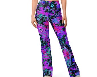 Leggings Paisley Glitch Flare: Cintura alta, estampado floral, colores neón.