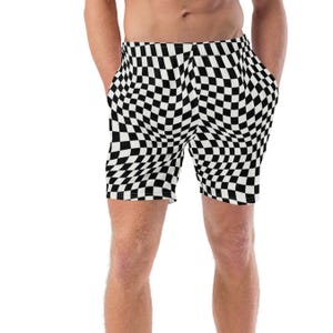 Checkerboard Swim Shorts: Op Art Recycled Fabric Trunks