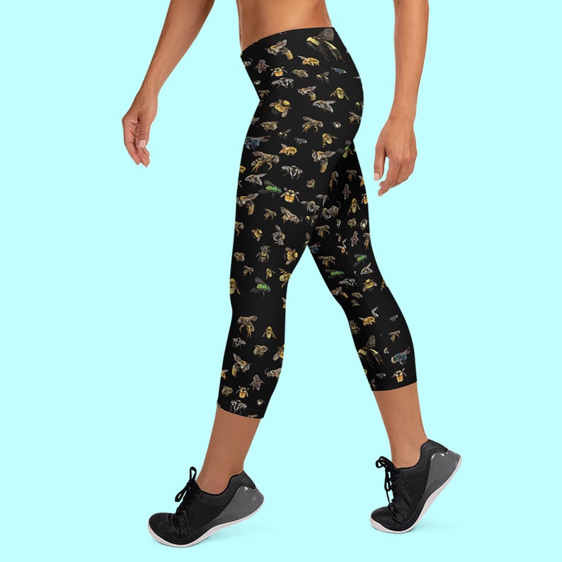 Bees Capri Leggings Bee leggings Comfy Vibrant nature print Everyday leggings Soft feel Save the bees. Bee print fashion leggings