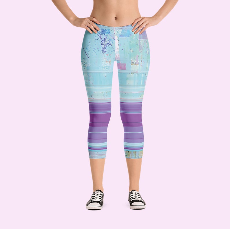 Everyday or party Striped Capri Leggings vaporwave aesthetic leggings Aqua Pastel leggings Space grunge Glitch capri leggings
