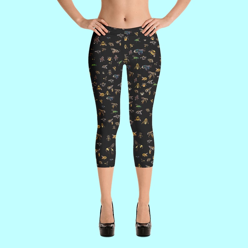 Bees Capri Leggings Bee leggings Comfy Vibrant nature print Everyday leggings Soft feel Save the bees. Bee print fashion leggings