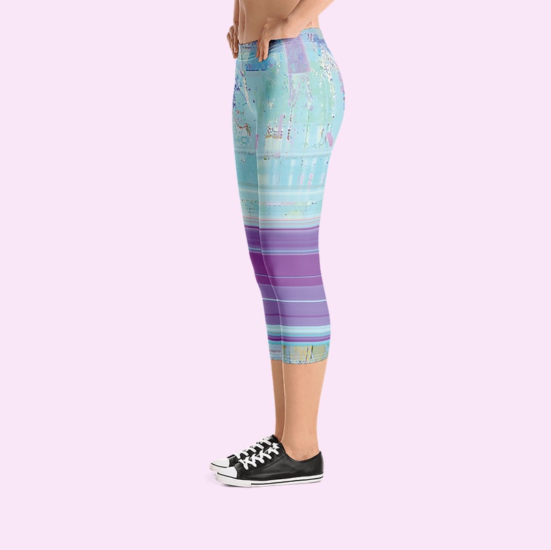Everyday or party Striped Capri Leggings vaporwave aesthetic leggings Aqua Pastel leggings Space grunge Glitch capri leggings