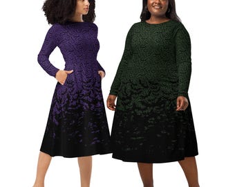 Bats dress: Purple or Green. Midi. Full Skirt. Long Sleeve.