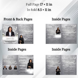 May include: A funeral programme template featuring a grey and white cloud background with doves. Text includes In Loving Memory, Acknowledgment, Forever In Our Hearts, Tributes, Obituary, Order Of Services, and Closing Poem. Dimensions are 43.18 x 27.94 cm.