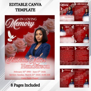 May include: An editable funeral programme template featuring a deep red background with pink roses and white doves. The design includes text fields for a name, dates, and service details, alongside a portrait of a person in a blue blazer.