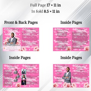 May include: A funeral program template with a pink rose and cloud background. Text includes In Loving Memory, Michael Thompson, Obituary, Closing Poem, and Order of Service. Dimensions are 17 by 11 inches full page and 8.5 by 11 inches in fold.
