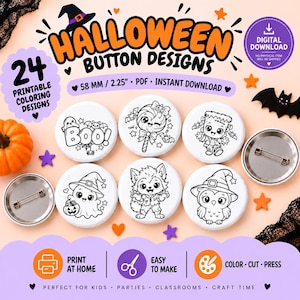 Può includere: Un set di download digitale di 24 design di bottoni di Halloween con pagine da colorare stampabili. L'immagine mostra sei bottoni circolari con illustrazioni in bianco e nero di fantasmi, mostri e gufi dal diametro di 58 mm.