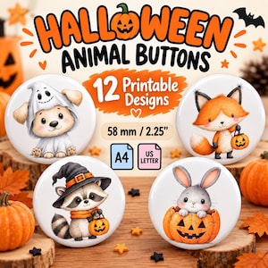 Halloween-djurknappdesigner 58 mm, utskrivbara namnmallar, söta Halloween-djur, direktnedladdning i PDF-format