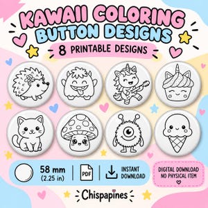 Könnte beinhalten: Eine digitale Sammlung von 8 druckbaren Button-Designs mit schwarz-weißen Strichzeichnungen von Igel, Monster, Einhorn, Cupcake, Katze, Pilz, Alien und Eiscreme. Der Text lautet Kawaii Coloring Button Designs, 58 mm.