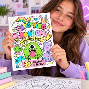 Puede incluir: Un libro para colorear titulado Satisfying & Random con una portada blanca que presenta ilustraciones coloridas de un monstruo verde de un ojo, un arcoíris, un cactus, un mando de juego, una porción de pizza, una bebida y una mochila.
