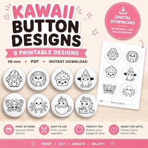 May include: A digital download set of 8 printable button designs featuring black and white line art of a mushroom, hedgehog, cupcake, cat in a witch hat, butterfly, octopus, unicorn in a cup, and unicorn reading a book, each 58 mm in size.