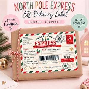 May include: A brown cardboard parcel tied with red and white string, featuring a North Pole Express Elf Delivery Label. The rectangular label has red and green borders, a barcode, a Santa stamp, and text fields for sender and recipient details.