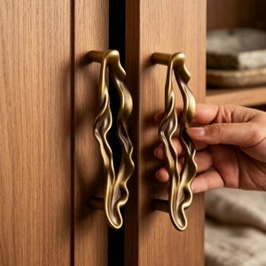 Può includere: Due maniglie verticali per armadietti in ottone spazzolato con una silhouette ondulata, organica e fluida. Le maniglie sono montate su ante di armadietti in legno marrone chiaro, caratterizzate da una finitura testurizzata che imita il movimento.