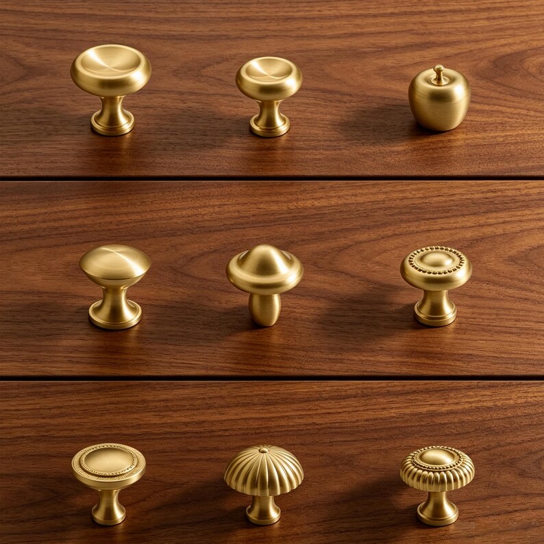 May include: A collection of nine brass cabinet knobs arranged in three rows. The knobs feature various shapes including smooth circular domes, a small apple, a mushroom-like form, and textured designs with beaded or fluted edges in a gold finish.
