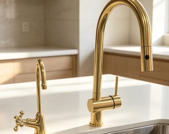 Unlacquered Solid Brass Pull-Down Kitchen Faucet & Filter Tap Set | Lead-Free Farmhouse Sink Combo