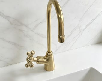 Unlacquered Solid Brass Water Filter Faucet | Vintage Cross Handle RO Tap (Lead-Free)
