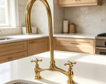 Unlacquered Brass Bridge Kitchen Faucet Solid Brass Vintage Swivel Spout Sink Faucet, Farmhouse Dual Cross Handle Mixer Tap