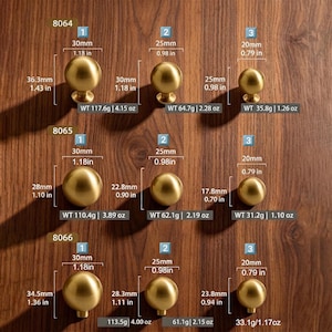 May include: A collection of nine spherical brass cabinet knobs arranged in three rows labeled 8064, 8065, and 8066. Each knob includes printed text indicating its diameter, height, and weight in both metric and imperial units, ranging from 0.79 to 1.18 inches.