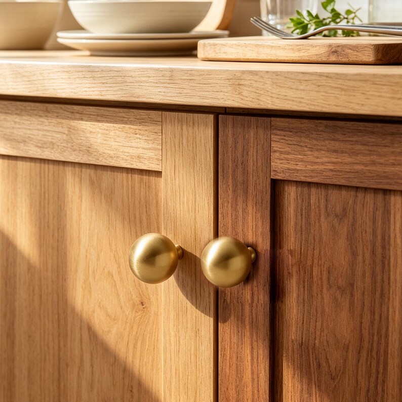 May include: Two spherical cabinet knobs with a smooth, brushed gold finish attached to light-toned wooden cabinet doors. The knobs are round and metallic, contrasting with the natural grain and warm brown texture of the wooden cabinetry surface.