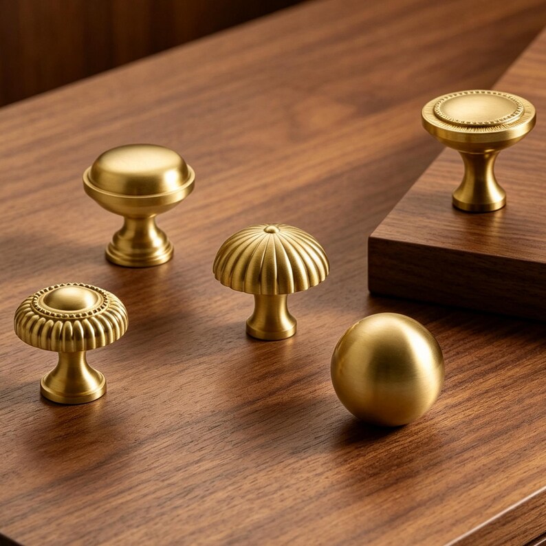 May include: Five brass cabinet knobs with various shapes including smooth domes, fluted designs, and textured edges. These metallic hardware pieces feature a brushed gold finish and are arranged in a group on a flat wooden surface.