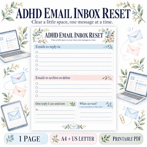 Könnte beinhalten: Eine druckbare ADHD Email Inbox Reset Planerseite mit Abschnitten zum Beantworten, Archivieren oder Löschen von E-Mails sowie Aufgaben für jetzt oder später. Verziert mit Aquarell-Blumenmotiven, Laptops und Umschlägen.