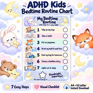 ADHD Kids Bedtime Routine Chart, Printable Visual Schedule, Night Routine Checklist, A4 & US Letter PDF