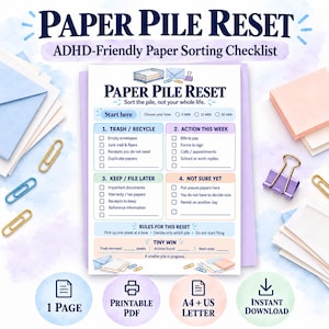 Återställning av pappershög | Checklista för ADHD-pappersorganisation | Utskrivbara pappersplanerare
