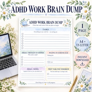 Könnte beinhalten: Eine druckbare ADHD Work Brain Dump Planerseite mit Abschnitten für Aufgaben, E-Mails, Nachrichten, Wartelisten, Ideen, Notizen und die erste Aufgabe für morgen. Das Dokument enthält florale Akzente und Textüberschriften in blauer Tinte.