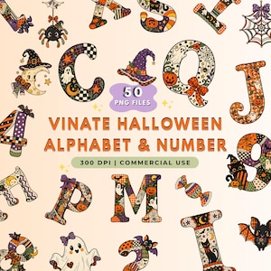 Könnte beinhalten: Eine digitale Sammlung von Halloween-Buchstaben und -Zahlen mit Mustern aus Kürbissen, Geistern, Fledermäusen, Spinnen und Hexenhüten. Der Text lautet 50 PNG FILES, VINATE HALLOWEEN ALPHABET & NUMBER sowie 300 DPI | COMMERCIAL USE in Orange und Schwarz.