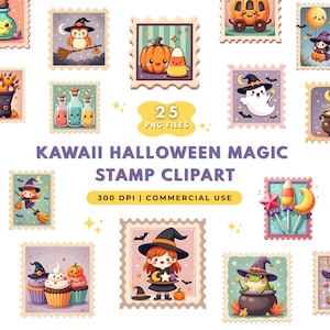 Kawaii Halloween Stamp PNG Clipart Bundle, 25 Witch, Pumpkin and Potion Illustrations, Commercial Use