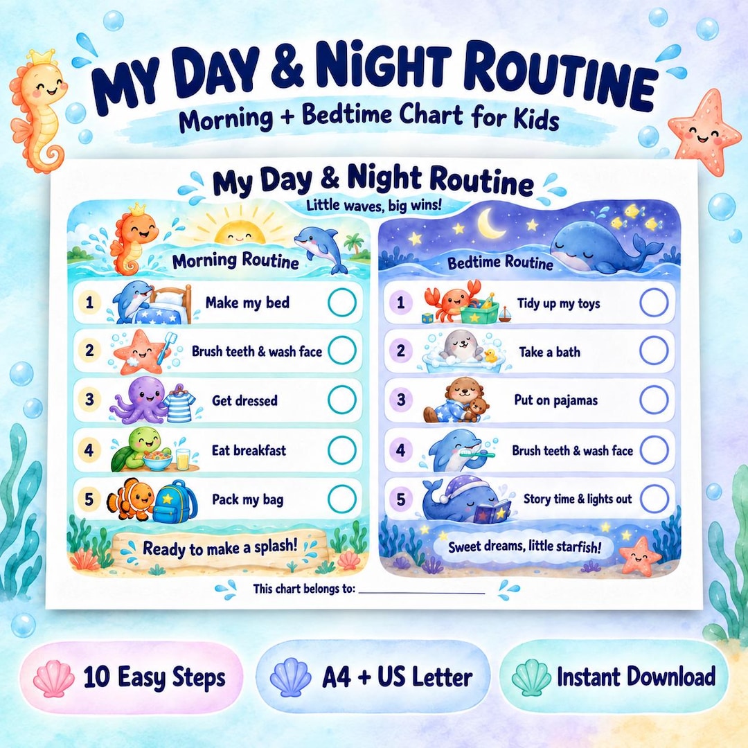Morning and Bedtime Routine Chart for Kids, Ocean Visual Schedule, ADHD ...