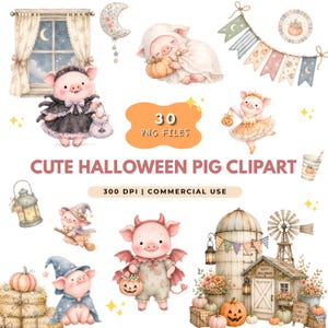 Peut inclure: Une collection d'illustrations numériques représentant des cochons en costumes d'Halloween, incluant un cochon en robe noire, un cochon en diable, un cochon avec un chapeau de sorcier, un cochon dormant avec une citrouille, une fée, une grange et un moulin.