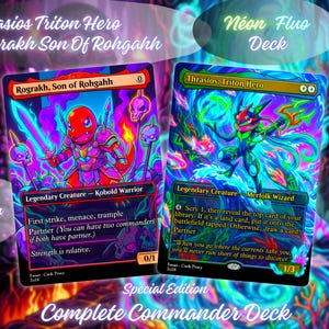 Op de afbeelding: Twee ruilkaarten met neonkleurige illustraties van Rograkh, Son of Rohgahh en Thrasios, Triton Hero. De kaarten tonen tekst waaronder 'Legendary Creature', 'Kobold Warrior', 'Merfolk Wizard' en spelregels tegen een donkere achtergrond.